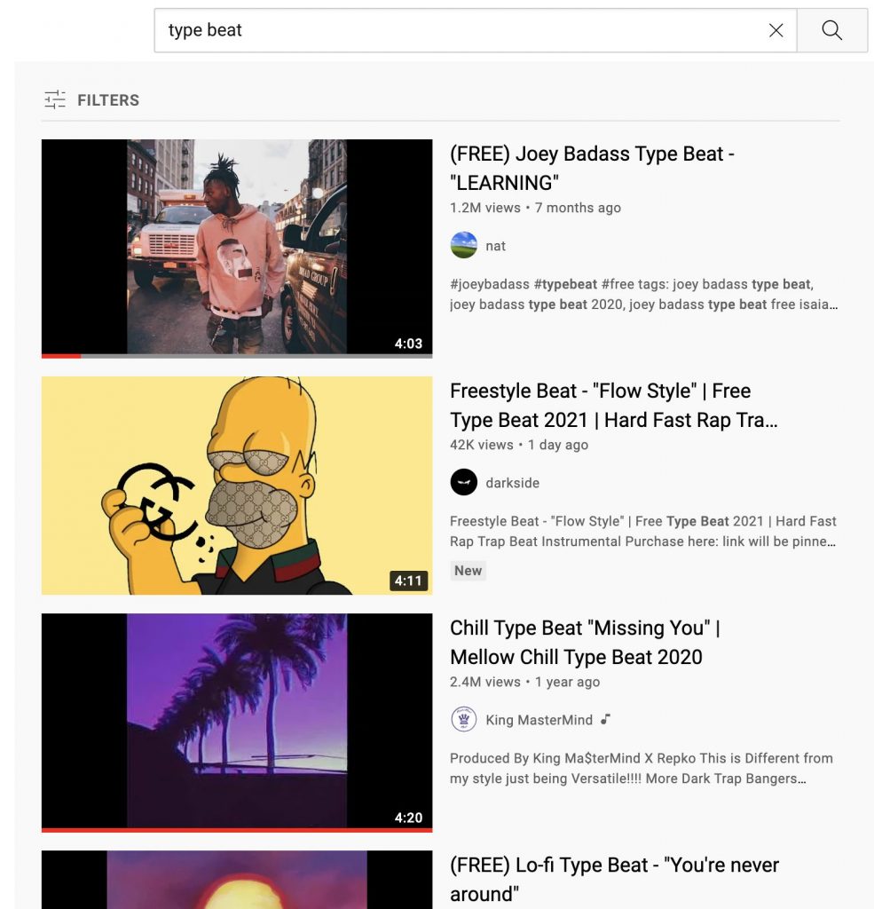 Youtube screenshot to find beats online in order to write lyrics for a song