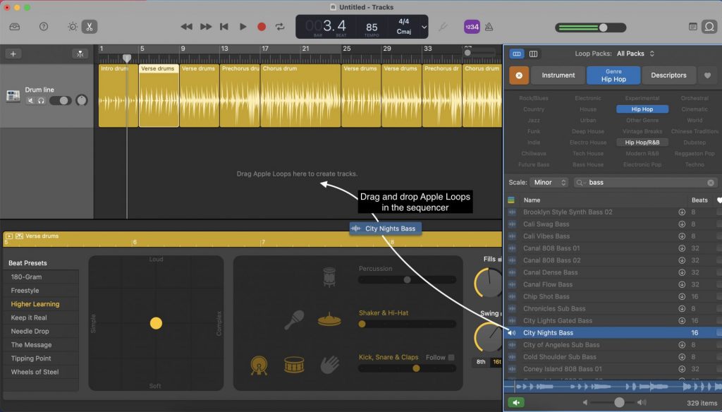 Drag and drop Apple loops on GarageBand's sequencer